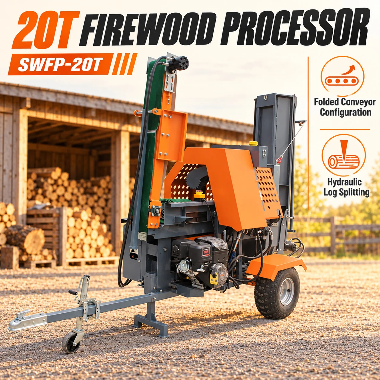 20T Firewood Processor Folding Conveyor Wood Splitter for Farm Equipment Storage and Woodlot Use