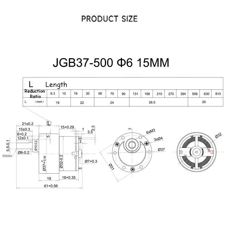 JGB37-500 12V 24V Micro DC Geared Motor 7~1016 RPM Power 2.4W 0.15~12KG.CM Speed Control Small Motor Forward and Reverse Motor