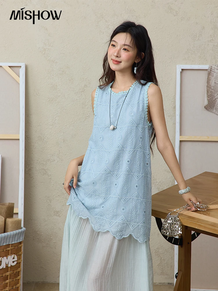 

MISHOW French Embroidery Fake Two-piece Vest Dress for Women Summer 2025 Vacation Round Neck Sleeveless Long Dresses MXE34L2311