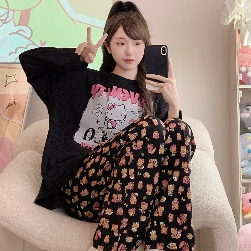 Sanrio Hello Kitty Autumn Crew Neck Loose Women\'s Pajamas Two-piece Cartoon Homewear Silk Pajamas Women\'s Pajamas Pants Set