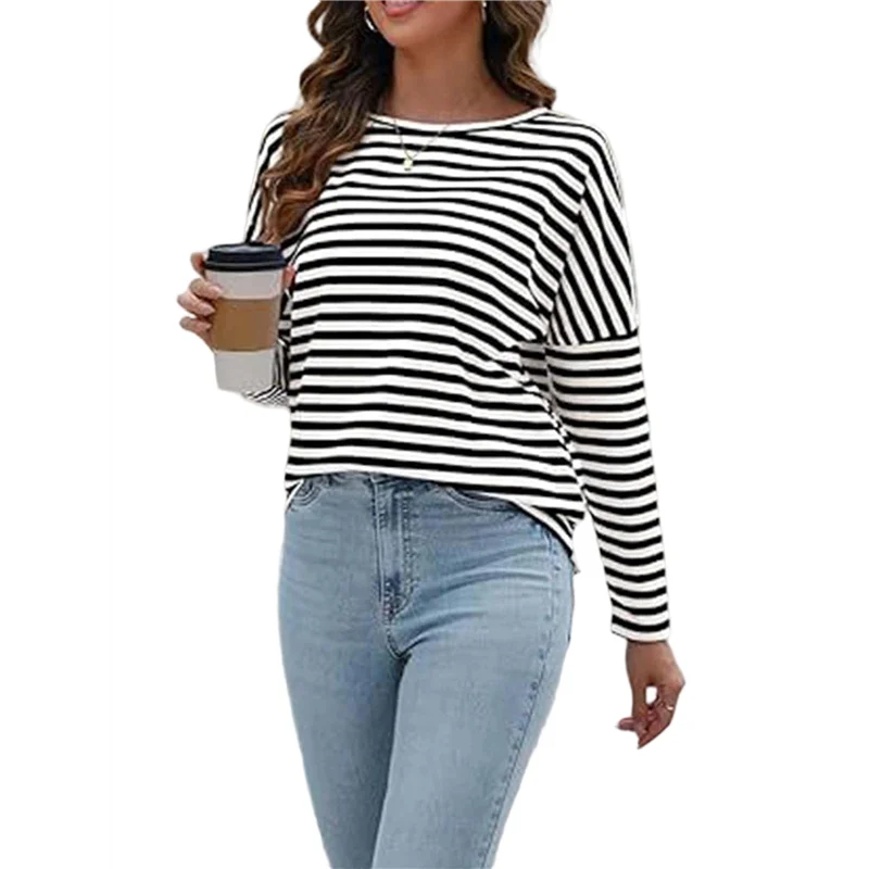 

ABP-Womens Long Sleeve Shirts Striped Color Block Tops Fall Fashion Clothing Crewneck Tee Blouses