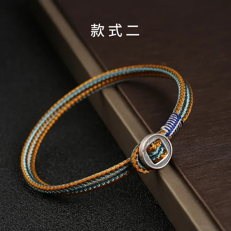 Dragon Knot Trendy Handmade Braided Rope 925 Silver Button Bracelet Men's Simple Design All-match Hand Ring for Boyfriend Gift