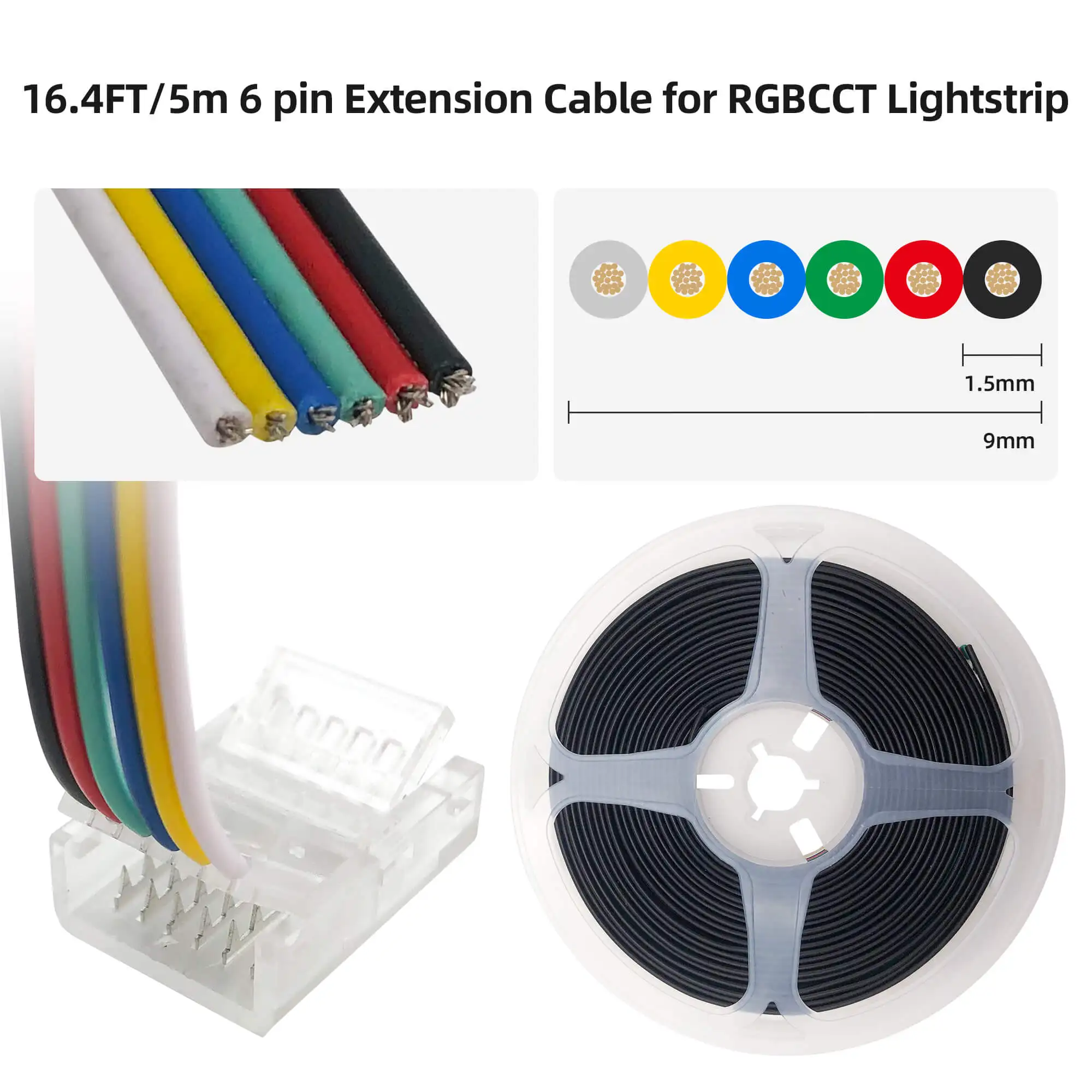 RGBCCT 6 Pin LED Strip Connectors with Extension Cable 6 Pack 12mm LED Strip RGBCW to Wire Solderless Transparent Track Lighting