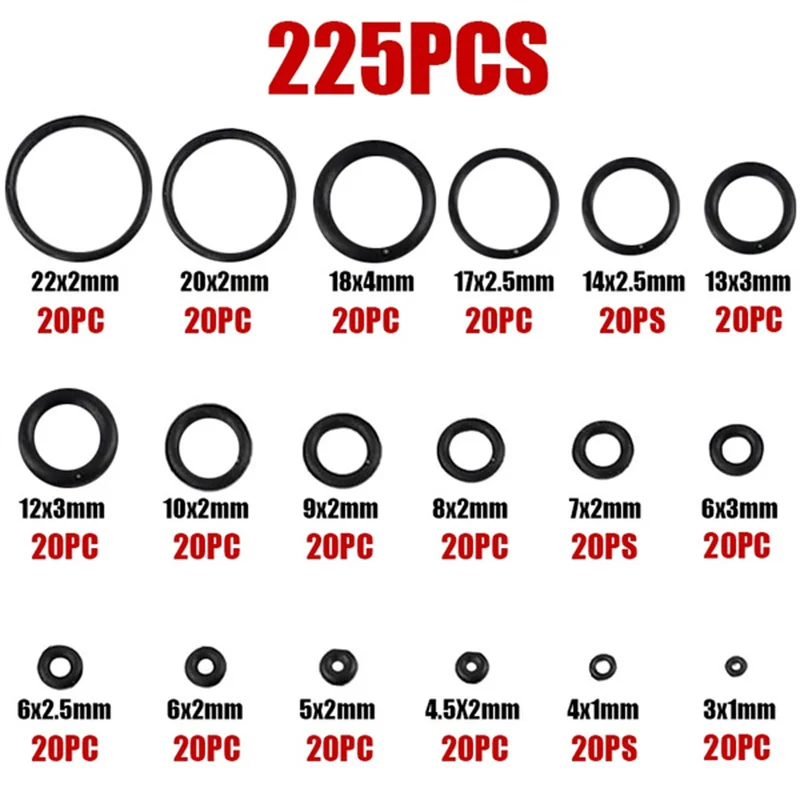 225PCS Rubber O Ring Oil Resistance O-Ring Washer Gasket Seals Watertightness Assortment Different Size With Plastic Box Kit Set