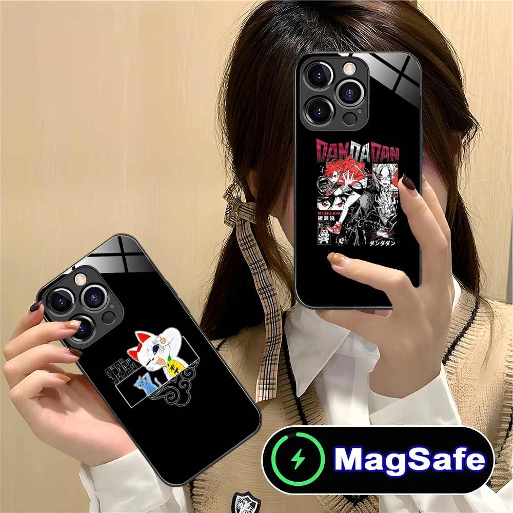 Dandadan Momo 전화 케이스 iPhone 16 15 14 13 12 11 Pro Max Plus Mini MagSafe 무선 충전 유리 커버 핸드폰