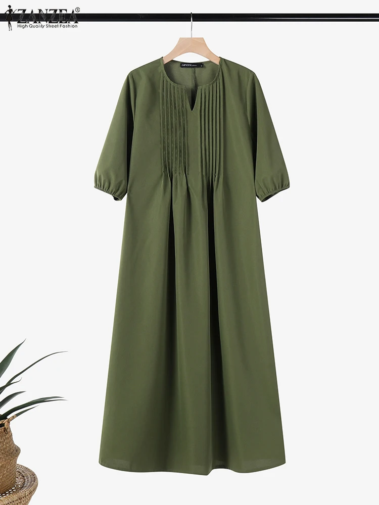 2025 ZANZEA été couleur unie Robe Vintage femmes Maxi Robe longue 3/4 manches plissée Robe d'été décontracté travail robes Robe Femme