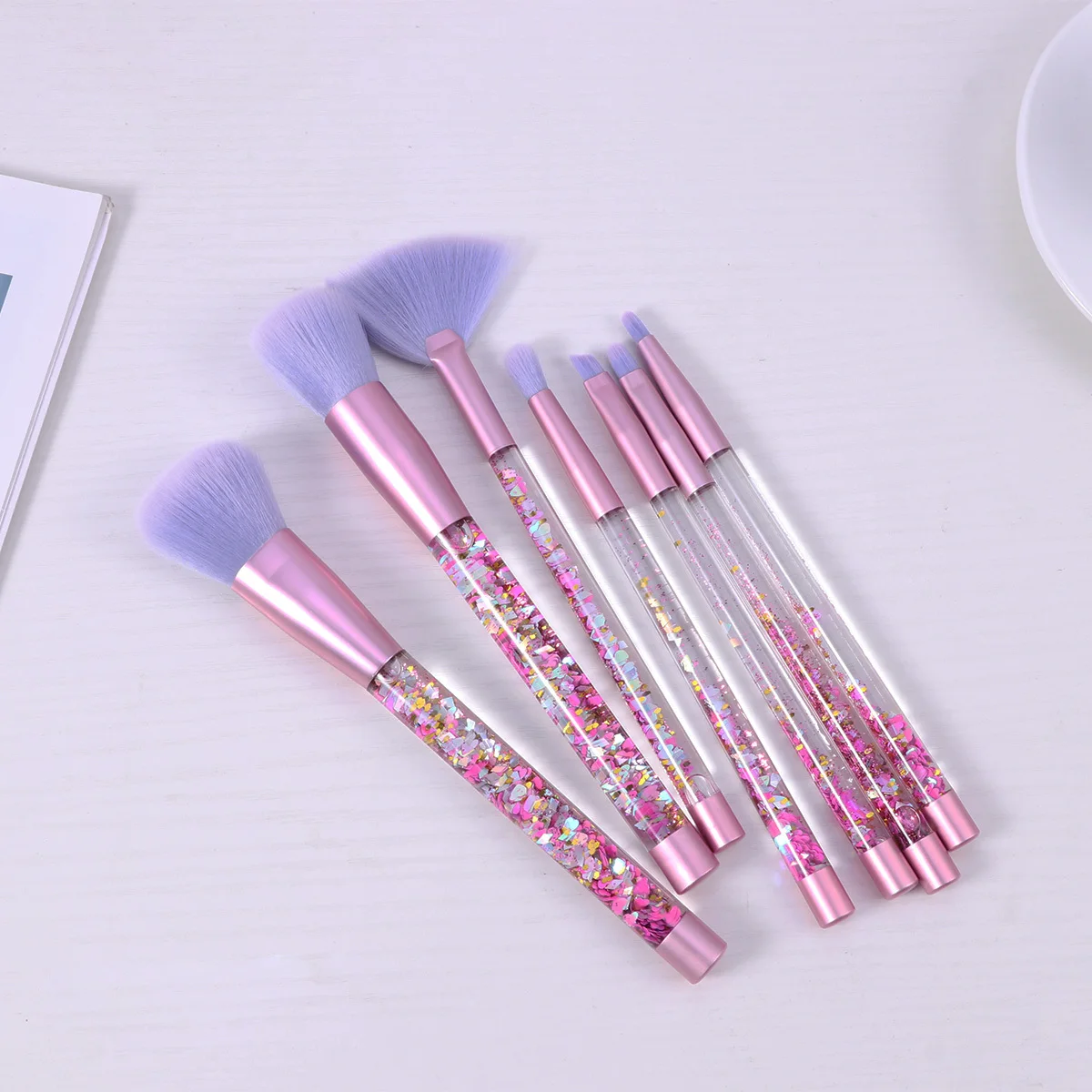 7개 메이크업 브러쉬 세트 투명 크리스탈 라인스톤 핸들 부드러운 섬유모 메이크업 브러쉬 키트 여성용