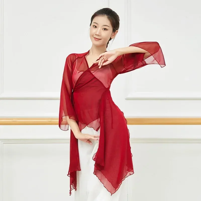 Adult Classical Chiffon Belly Dance Side Tie Top Split Transparent Cardigan Blouse Long Costume for Women Dancing Clothes Wear
