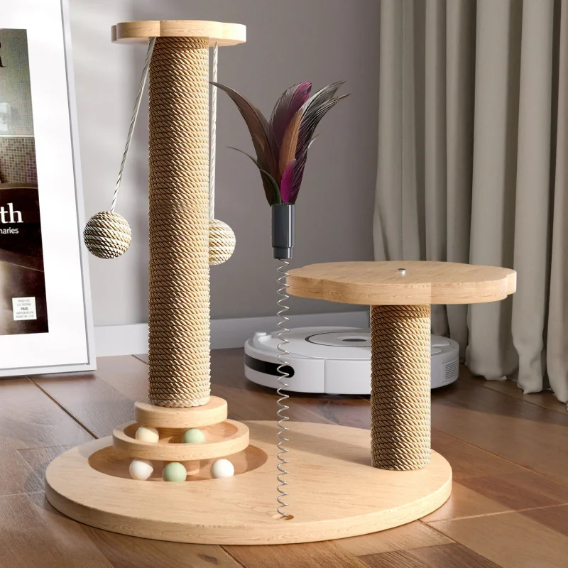 Heightened Solid Wood Wear-Resistant Non-Drop Scratching Post Scratching Board Sisal Teaser Toy Vertical Relieving S