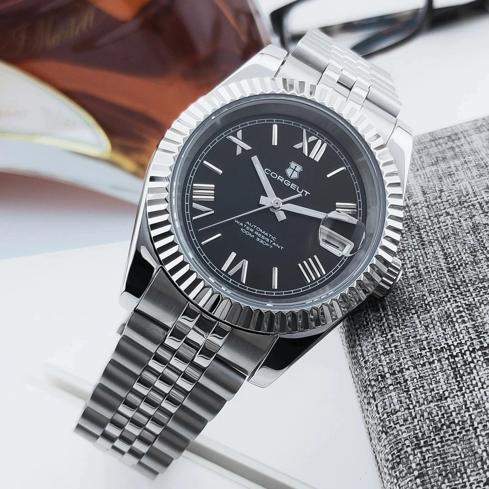 36 มม./39 มม.หรูหรา NH35 อัตโนมัตินาฬิกาข้อมือตัวเลขโรมันนาฬิกาผู้ชายไพลินคริสตัล 10 บาร์ทอง Reloj hombre