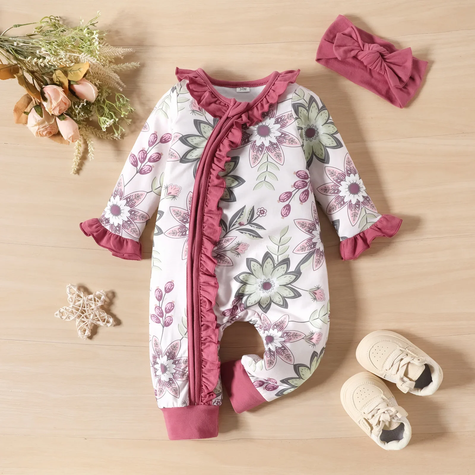 Newborn Baby Girl Clothes 0 3 6 9 Months Vintage Floral Cotton Lace Ruffle Infant Romper Spring Baby Girl Jumpsuit Set Outfit