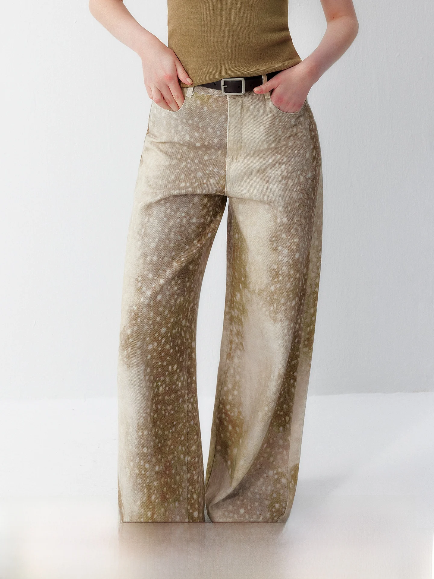  plus Vintage Khaki Deer Print Women's Jeans Spring Autumn Wide Leg Long Pants Versatile Comfortable Breathable