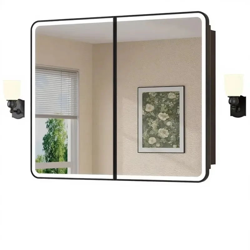 Modern Metal Medicine Cabinet Mirror with LED Lights Dimmable Anti Fog Memory Function for Bathroom Vanity Black Finish