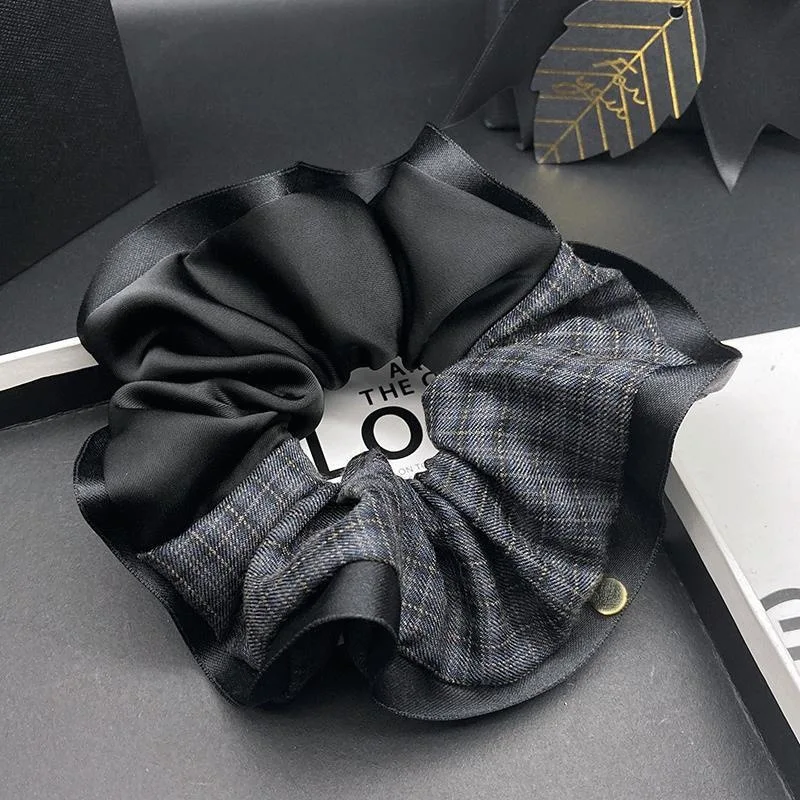 Satin Plaid Ruffle Edge Large Scrunchies Korean Chic Elastic Hair Ties for Women Bun Ponytail Holder Premium Daily