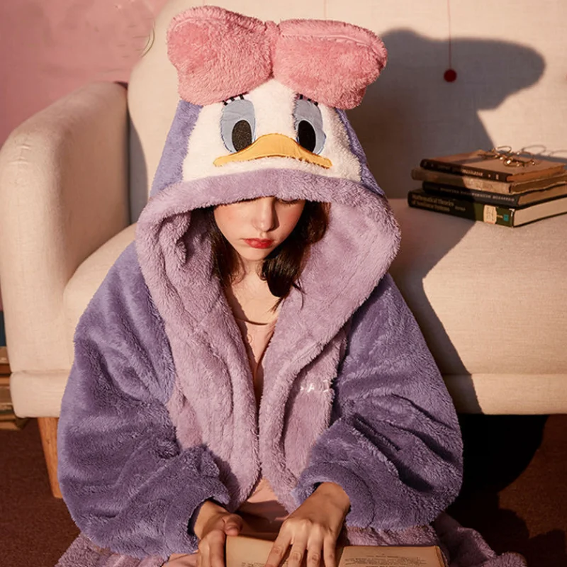 Disney Snow White Donald Duck Nightgown Winter Flannel Hooded Sleep Blouse Female Warm Cute Kawaii Thicker Chic Robes Sets