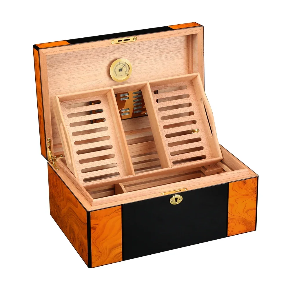 Home Cigar Humidor Box Glossy Spainsh Cedar Wood Lined W/ Hygrometer Humidifier Humidor De Puros Box Fit 80-100 Cigars