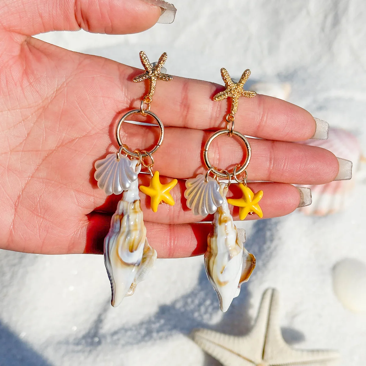 

European and American Bohemian shell conch ear studs, starfish pendant, beach wind long earrings