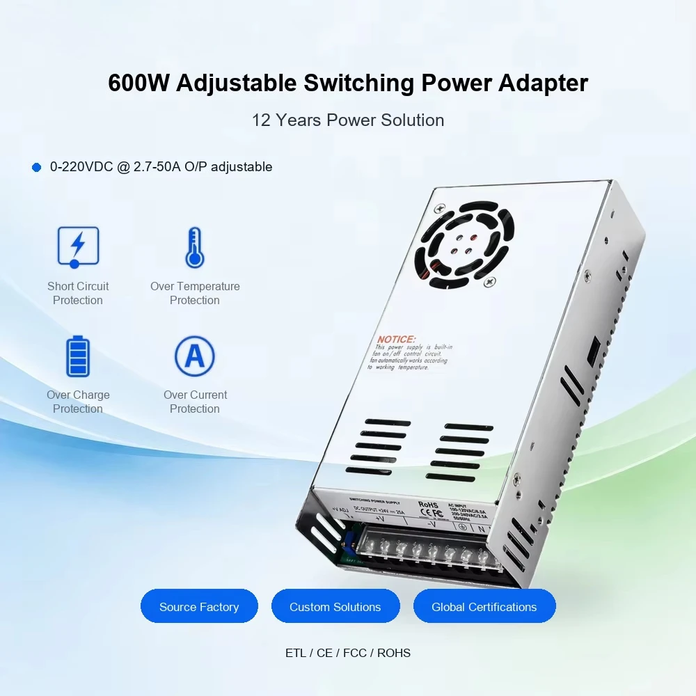 600W Adjustable Power Supply 12V 15V 24V 36V 48V 60V 72V 80V 110V 150V 220V 2.7A-50A 600W AC DC Switching Power Supply