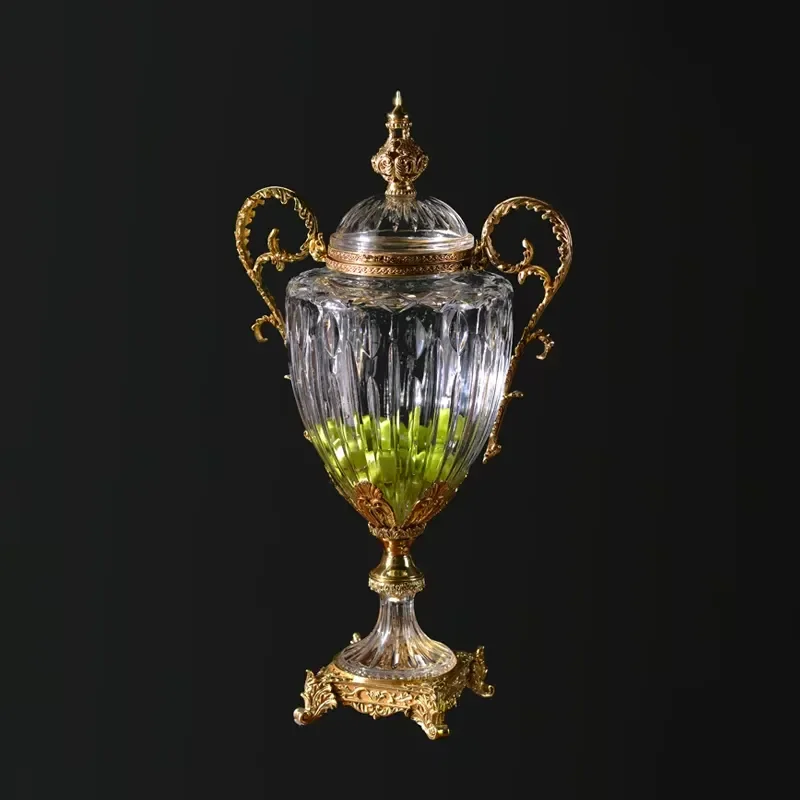 Luxury Brass Vase Creative Design Binaural Transparent Crystal Home Decorative Art Antique Style Elegant Table Centerpiece