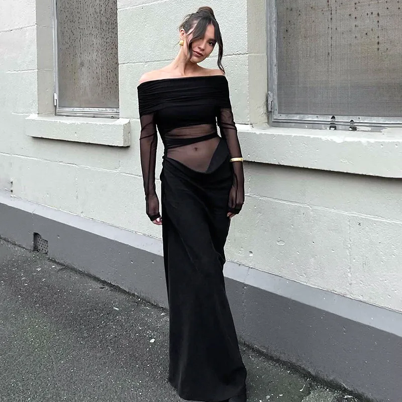 

Mesh Ruched Women Maxi Dress Sexy See Through Off Shoulder Long Sleeve Sheath Vestidos Female Midnight Party Solid Robe