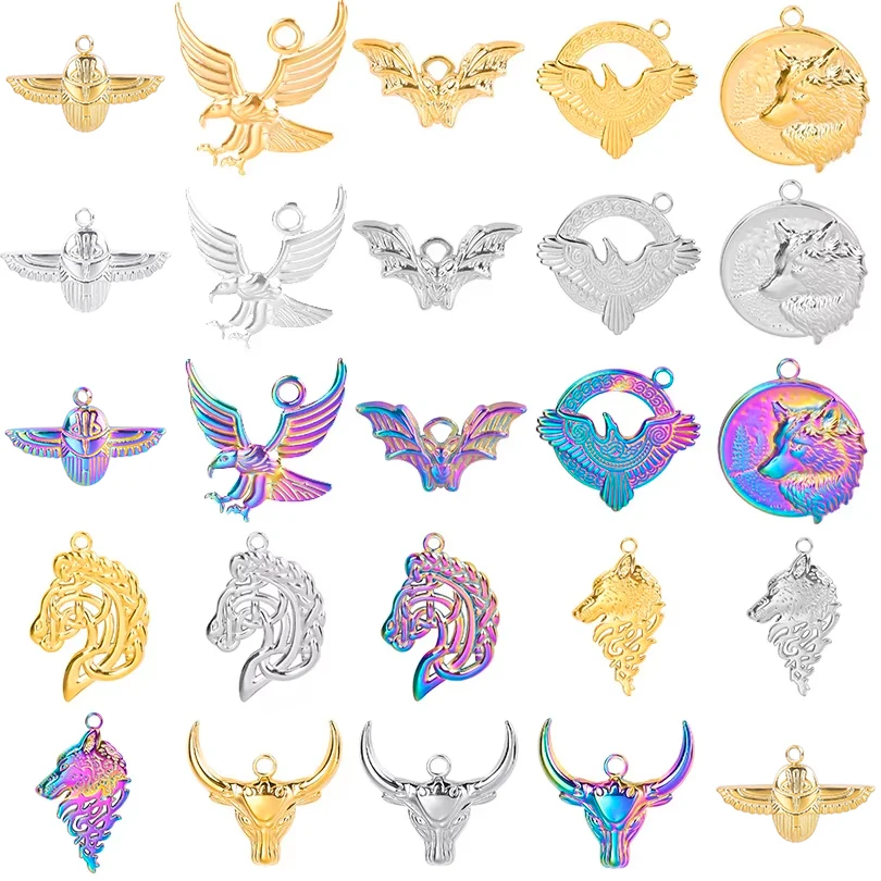 Punk 10pcs/lot Stainless Steel Animals Pendants Leopard Eagle Bat Mockingbird DIY Jewelry Marking For Necklace Bracelet Earrings