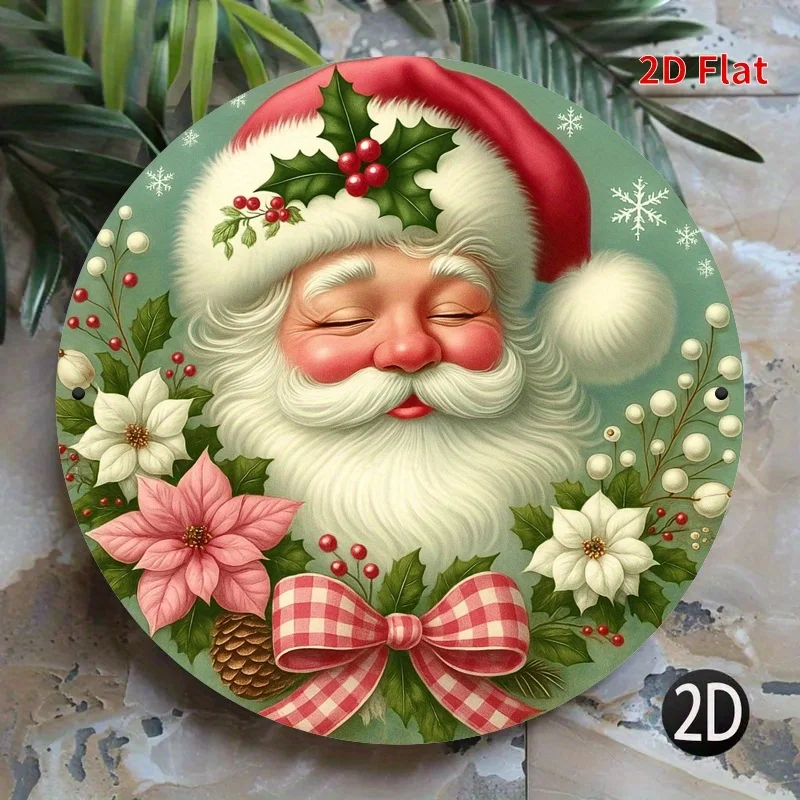 Letrero de metal con corona festiva de Papá Noel, plano 2D, 1 unidad, decoración de pared redonda de hierro con lazo a cuadros rojo y blanco, bayas de acebo y Po