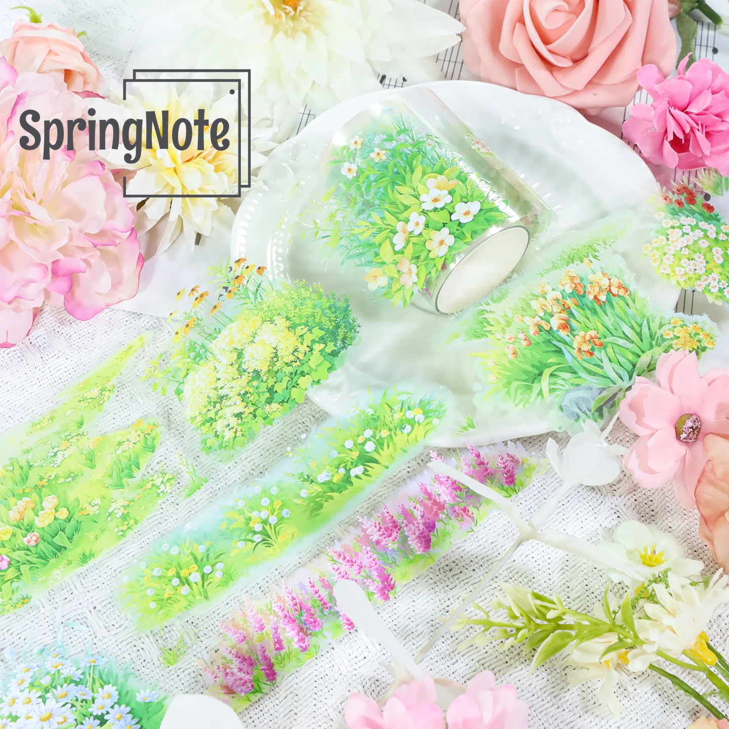 2m/Roll Spring Flower PET Washi Tape Green Grass Transparent Sticker Decorative Tape For Scrapbooking Collage Material100cm Loop