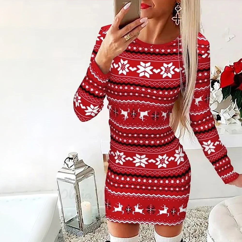 Women\'s Christmas Bodycon Dress Slim Fit Snowflake Printed Round Neck Long Sleeve Hip Wrap Dress New Year Winter Party Clothes