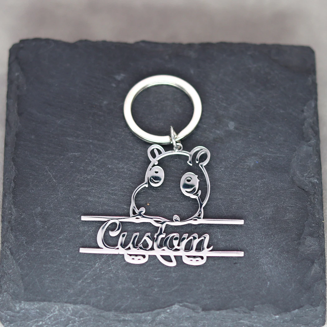 Personalized Wild Animal Hippo Pendant Custom Engrave Name Keychain Men Women Keyring Gift Stainless Steel Jewelry