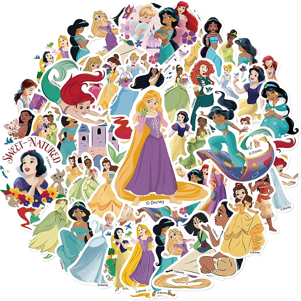 50pcs Kawaii Disney Princess Stickers Aesthetic Rapunzel Ariel Belle Cartoon Decals Cute Decorative Scrapbook Phone Case