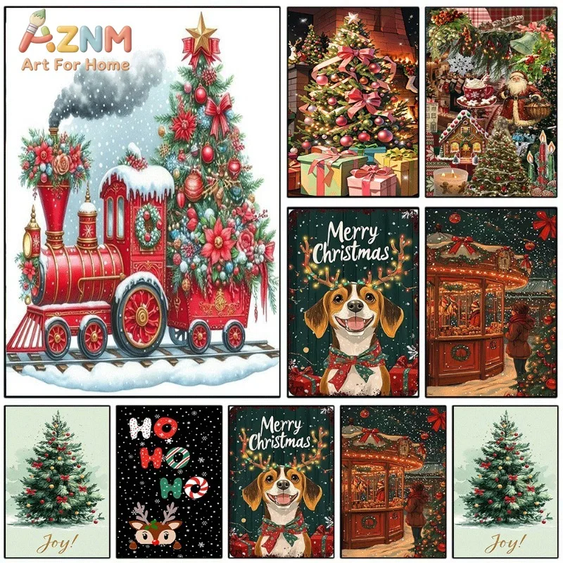 Christmas Train Collage Canvas Wall Art Xmas Winter Holiday Poster For Bedroom Living Room Home Background Decoration Unframed