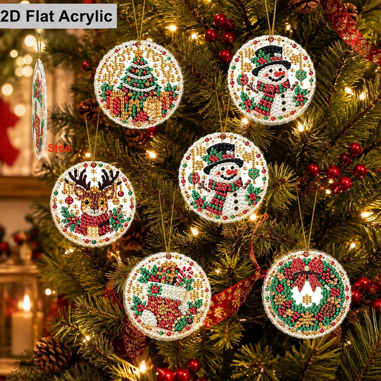 2D Flat 4pcs/6pcs Christmas Pearl Diamond Painting Hanging Ornament, 3D Mixed‑Set DIY Acrylic Pearl Diamond Art Kits for