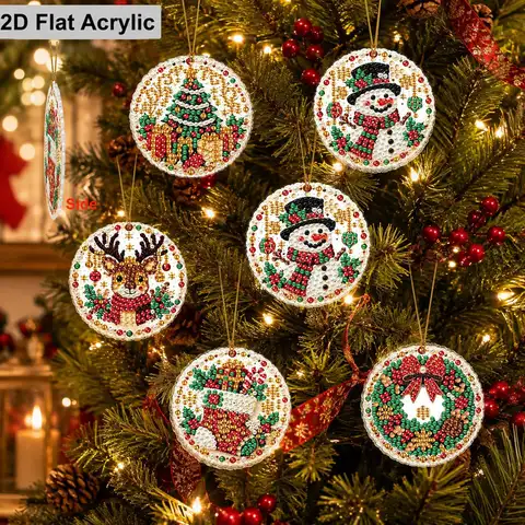 2D Flat 4pcs/6pcs Christmas Pearl Diamond Painting Hanging Ornament, 3D Mixed‑Set DIY Acrylic Pearl Diamond Art Kits for
