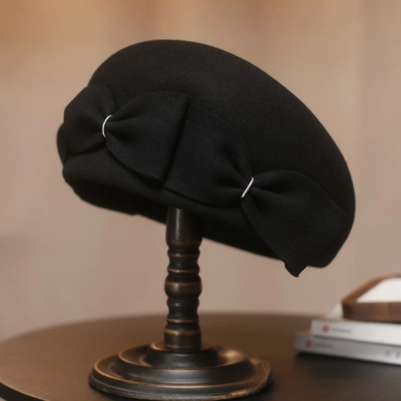 Herbst- und Winter-Baskenmütze aus reiner Wolle in Uni-Farben, elegante Schleife, Wollmütze im Retro-Stil, Kuppelform, Newsboy-Kappe für Damen – Detail 3