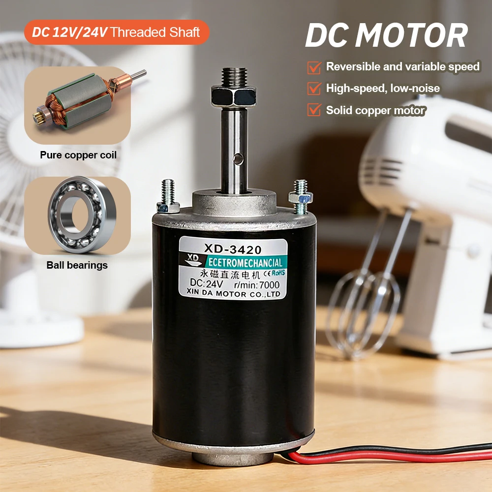 Permanent Magnet High Speed DC Motor 30W 12V 24V Threaded Shaft Motor for DIY Robotics, CNC Machines and Small Wind Turbines