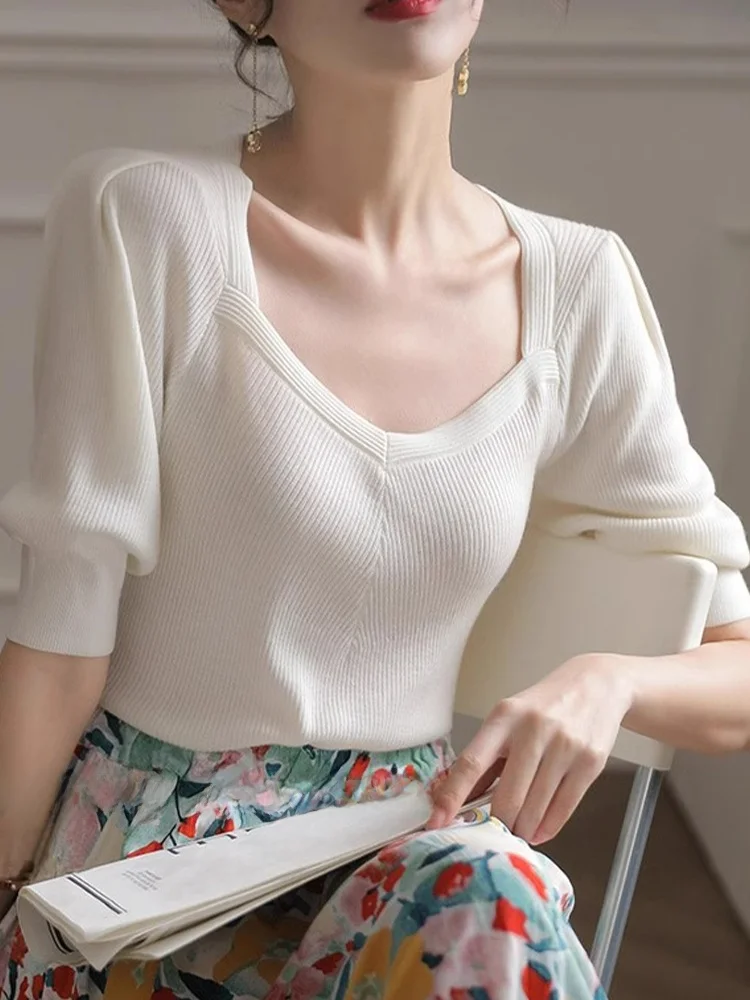 

Вязаный пуловер из ледяного шелка с коротким рукавом, базовая футболка для повседневной носки, летняя, для поездок на работу, простой дизайн, однотонный, свободный крой, внутренняя одежда