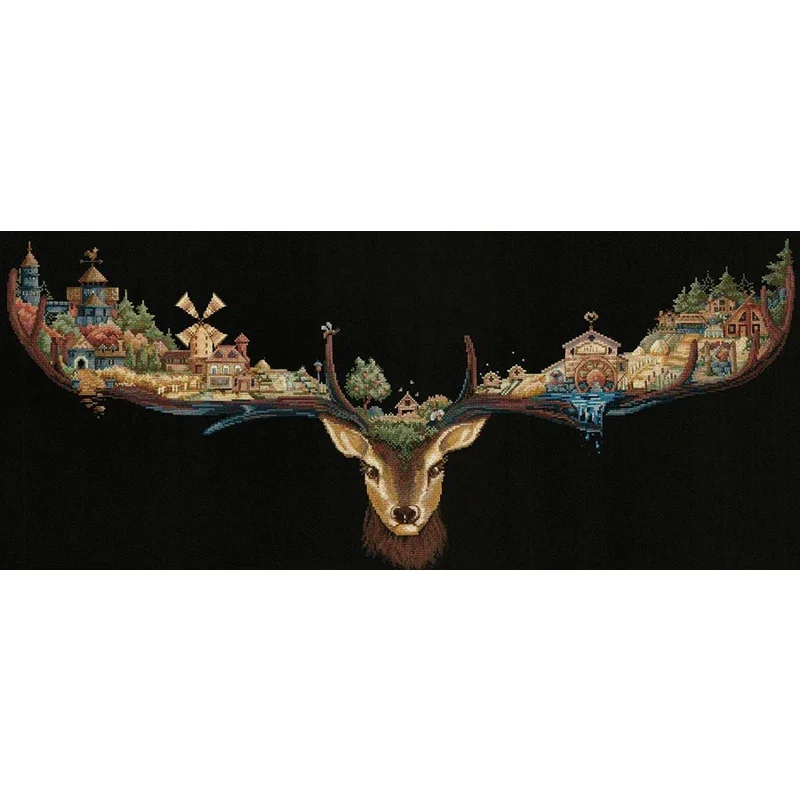 Amishop Top Quality Counted Cross Stitch Kit Reindeer Lands Deer Town City Andriana D-021 Deer Land Wall Home Decoration 11635