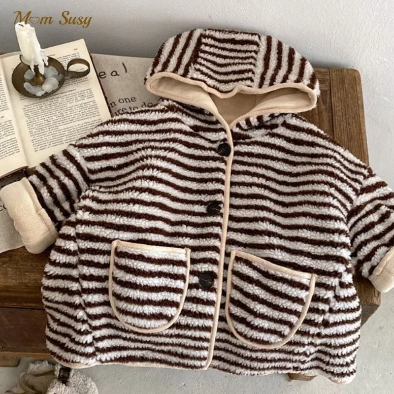 

Fashion Baby Girl Boy Striped Hooded Jacket Long Winter Toddler Child Coat Lamb Fleece Boutique outwear Baby Clothes 2-7Y