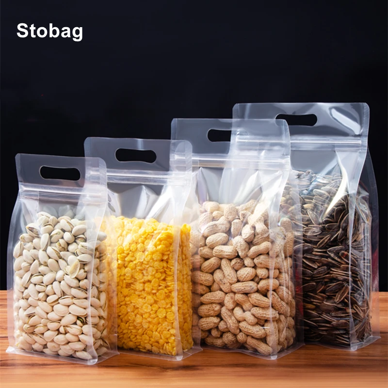 

StoBag 50pcs Transparent Plastic Food Packaging Ziplock Bag Handle Portable Sealed Storage Candy Grains Tea Nut Dried Fruit Logo