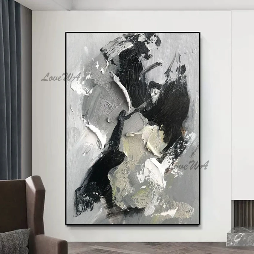 

Modern Art Palette Knife Oil Painting Black Gray Thick Acrylic Texture Wall Art Painting Frameless Abstract Canvas Picture