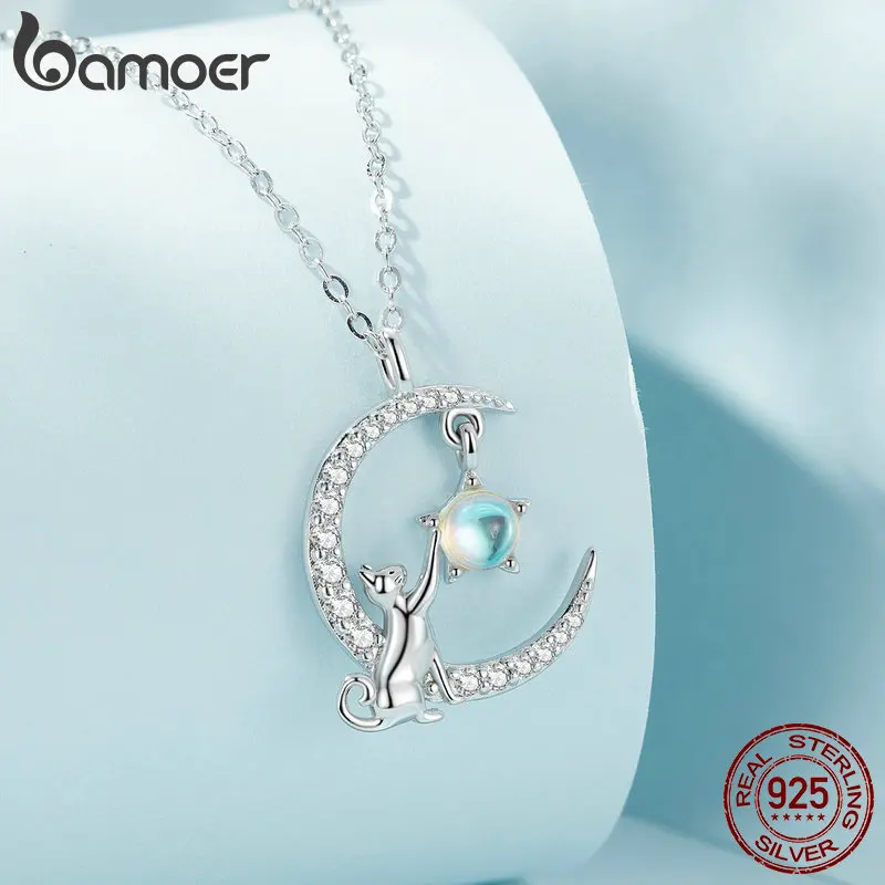 BAMOER New Arrival Genuine 925 Sterling Silver Cat Moon Cute Animal Pendant Necklaces Women Silver Jewelry Gift SCN486