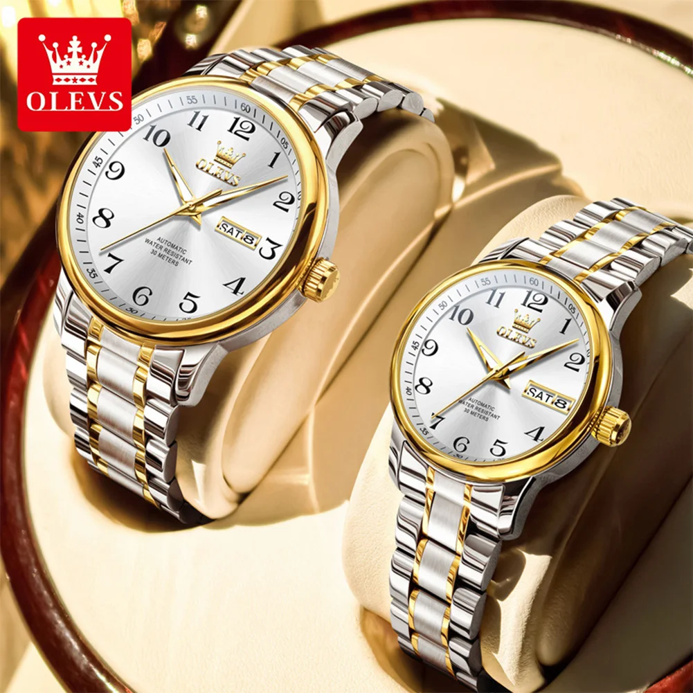 OLEVS Couple Watches His and Her Watch Set Automatic Mechanical Wristwatch For men women Luxury Watch Waterproof couples Gift