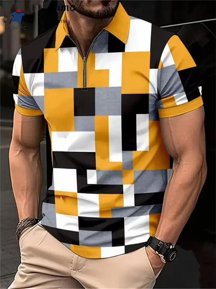 

Men's Zipper Polo Shirt 3d Lattice Print Fashion Clothing Business Casual T-Shirt Mens Polo Shirt Zip Short Sleeve Street Top