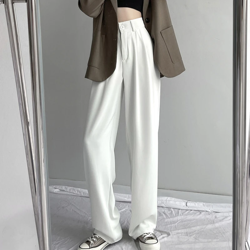 White High Waist Draped Suit Pants Women Summer Thin Straight Leg Slimming plus Size Casual Floor Length Wide Leg Trousers