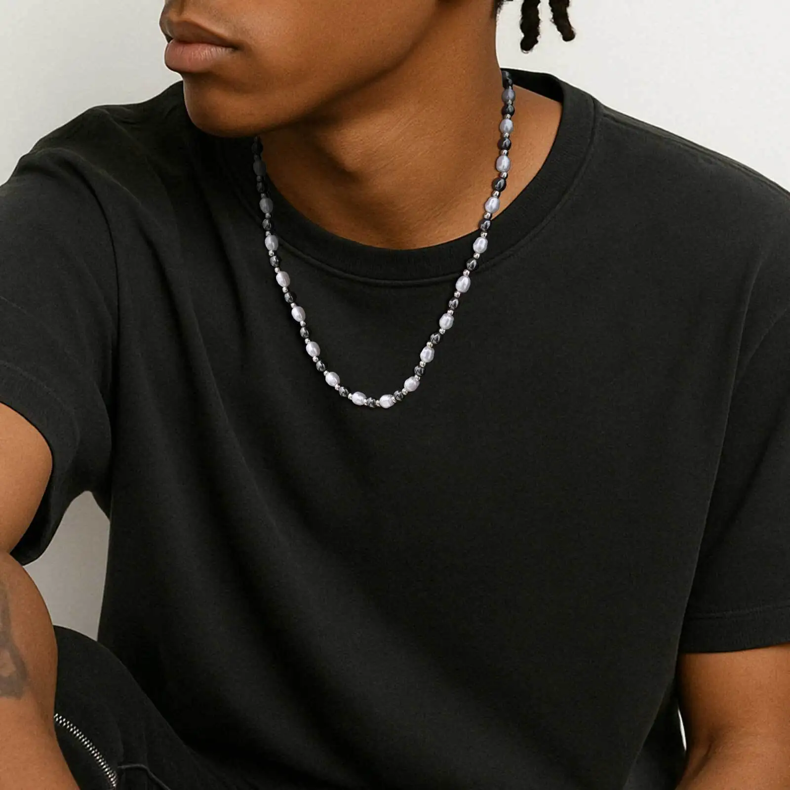 Hip Hop Pearl Necklace for Men Boys,Natural Hematite Stainless Steel Beaded Collars,Simple Jewelry Gifts