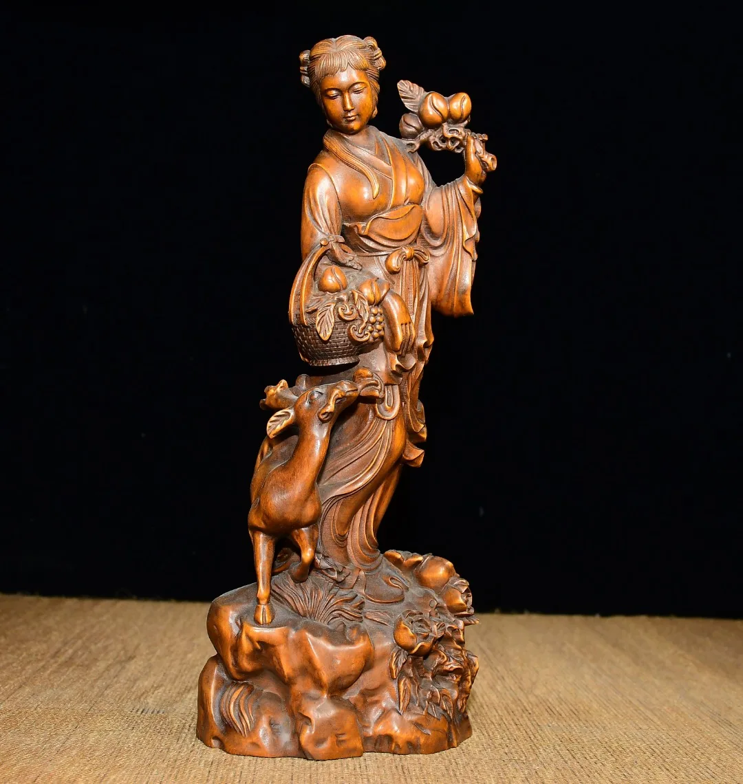 Colección folclórica Xizang de 8 ", madera de boj antigua, Magu presenta la longevidad, melocotón, bendiciones, salón de adoración, casa de ciudad
