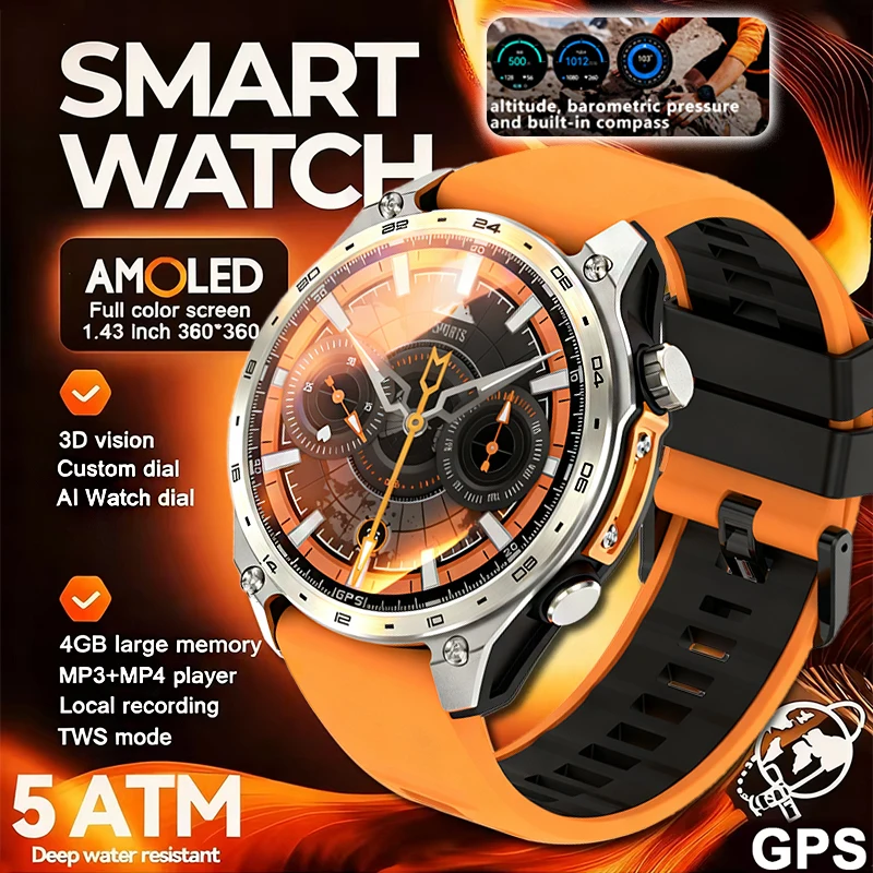 

New Military Offline Map Smart Watch Compass 3ATM Waterproof 4GB Memory GPS Navigation MP3/MP4 Player Sport Trackr Smart Watch
