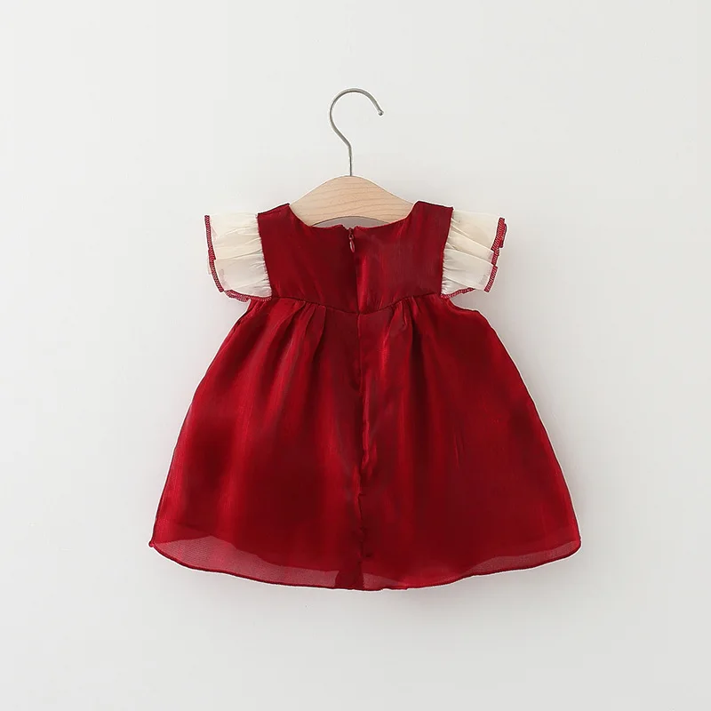 New Year\'s Dress Girl\'s Summer Dress Solid Red Flying Sleeves Bow Twilight Cloud Princess Dress Suitable for 0-3 Year Old Babies