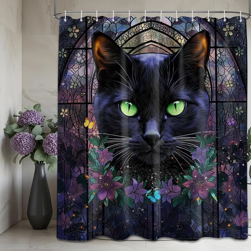Retro Dreamy Bathroom Shower Curtain Stained Glass Green Eye Black Cat Purple Flower Butterfly Print Waterproof No