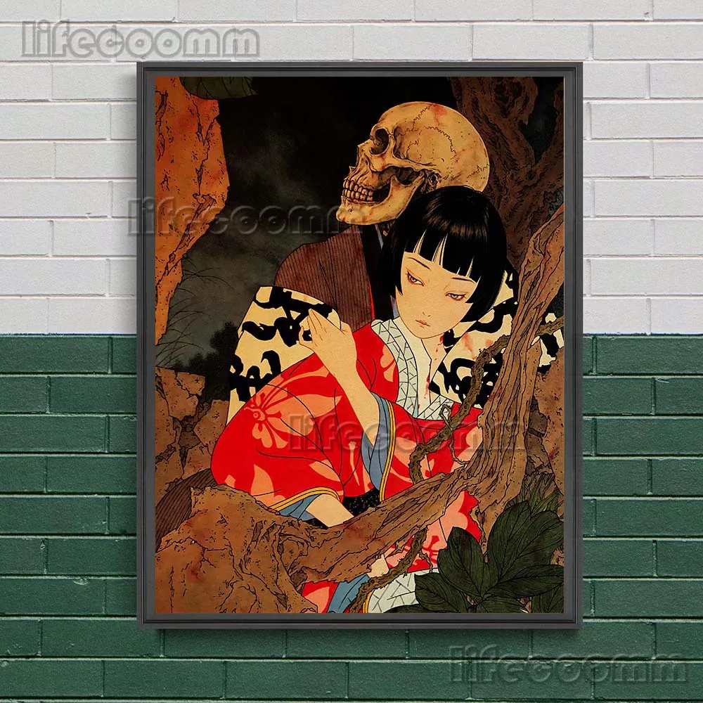 Skeleton And Girl Asian Horror Folklore Vintage Wall Art Canvas Painting Creepy Kimono Girl Gothic Art Poster Print Home Decor